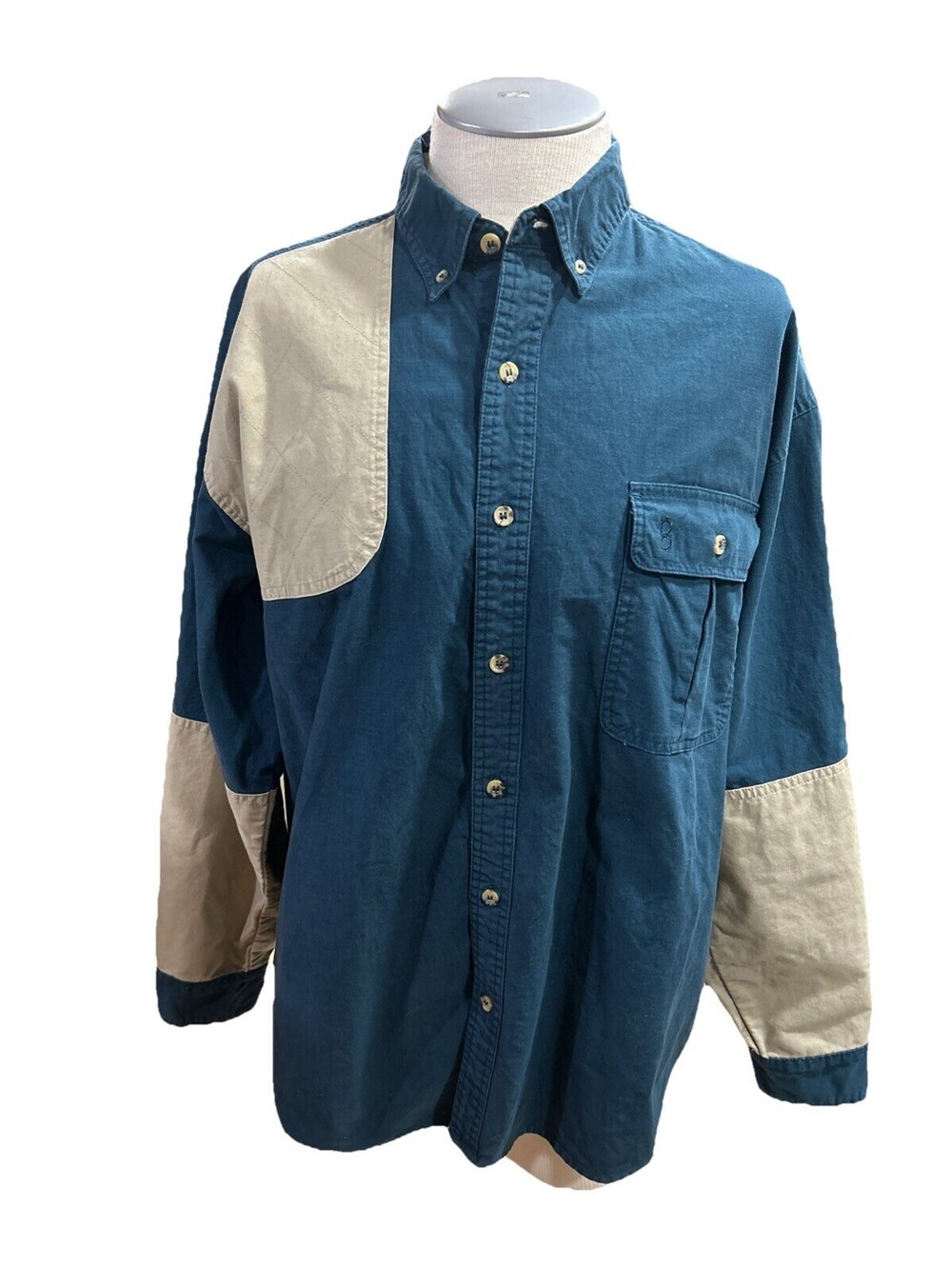 Bob Allen Men’s Right Arm Hunting Shirt Blue Beige XL Long Sleeve 100% Cotton